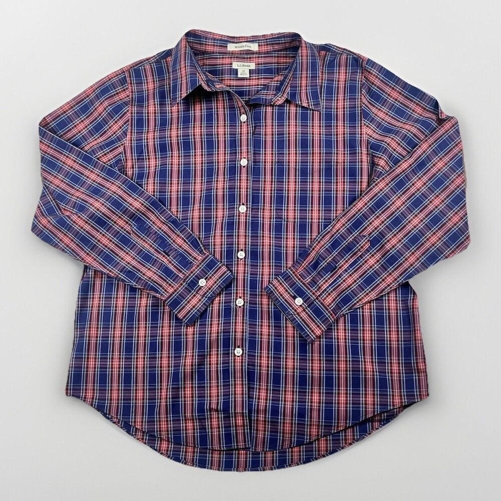 LL Bean L/S Button Down Dress Shirt Men's Medium Blue/Red Plaid Wrinkle Free EUC